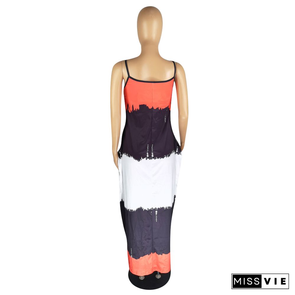 Tie Dye Spaghetti Straps Loose Pocket Maxi Dress