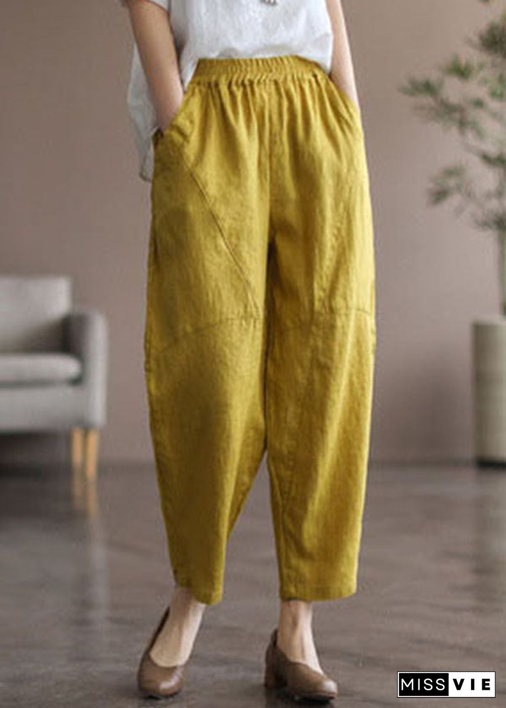 Italian Yellow Elastic Waist Pockets Linen Pants Summer