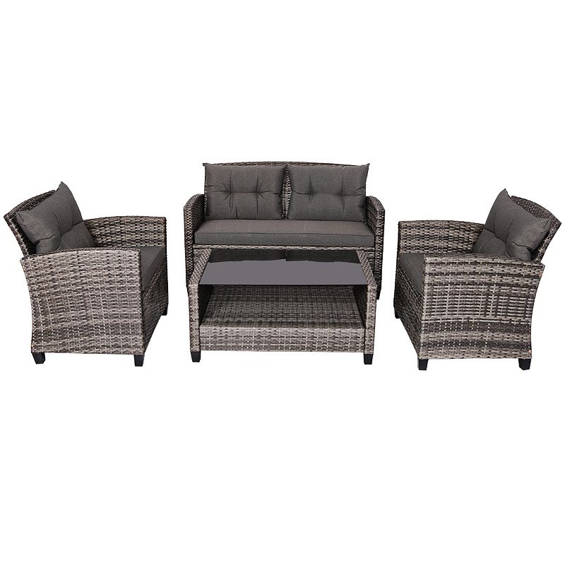 4 Pieces Patio Rattan Furniture Set Coffee Table Cushioned Sofa