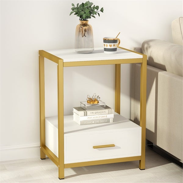 White and Gold Nightstand with Drawer and Storage Shelves