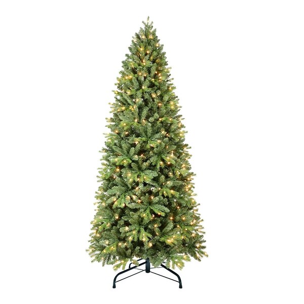 8FT PreLit Slim Christmas Tree，White Lights，Metal Hinged，Foldable Base