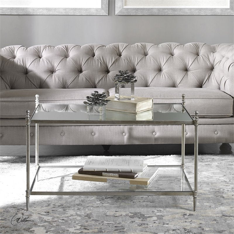 Bowery Hill Modern Mirrored Glass Coffee Table in  Antiqued Silver