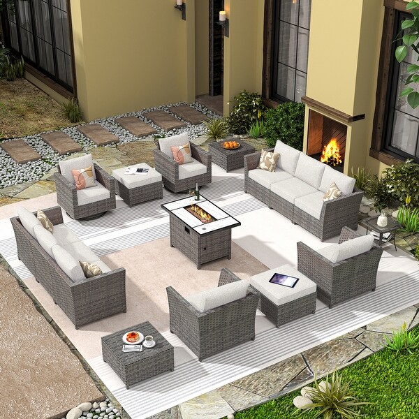 HOOOWOOO 16piece Outdoor Patio Grey Wicker Rattan Furniture Sectional Set with Fire Pit Table