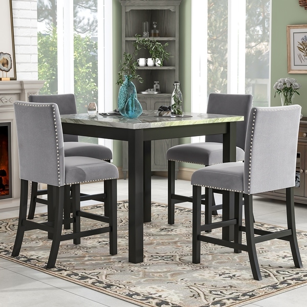 Counter Height Dining Table Set with One Faux Marble Dining Table and Four Upholstered Seat Chairs(Set of 5)