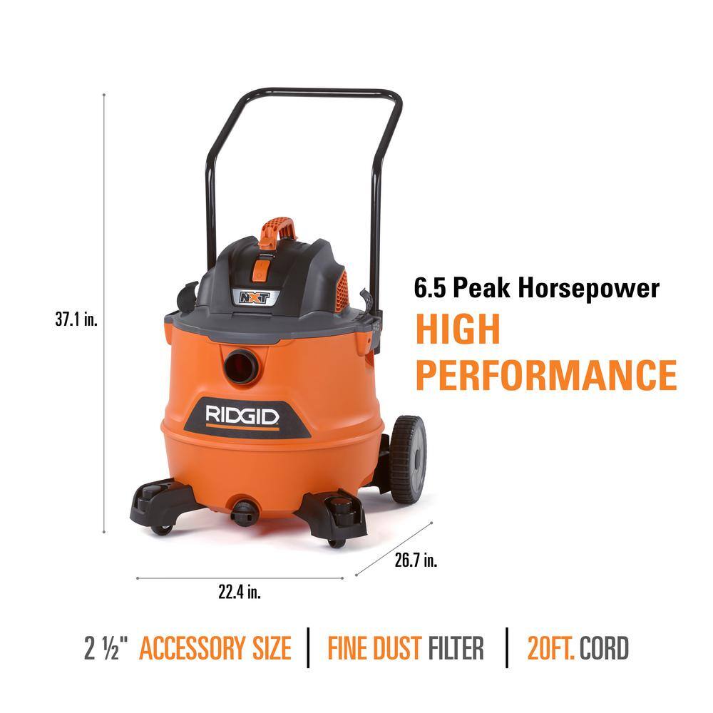 RIDGID 16 Gallon 6.5 Peak HP NXT WetDry Shop Vacuum with Cart Fine Dust Filter Locking Hose and Accessories HD1800