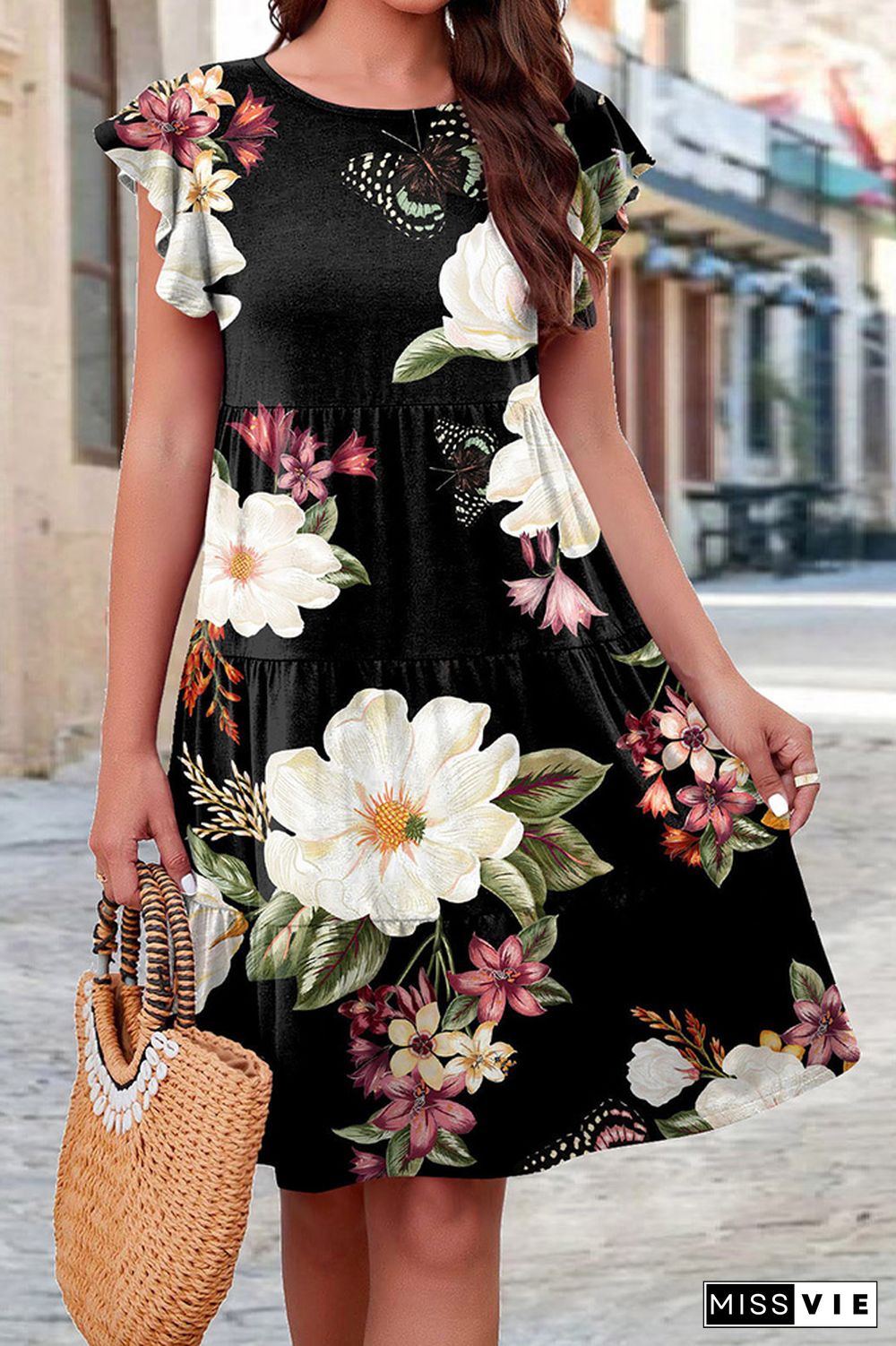 Ruffles Sleeves Tiered Floral Dress