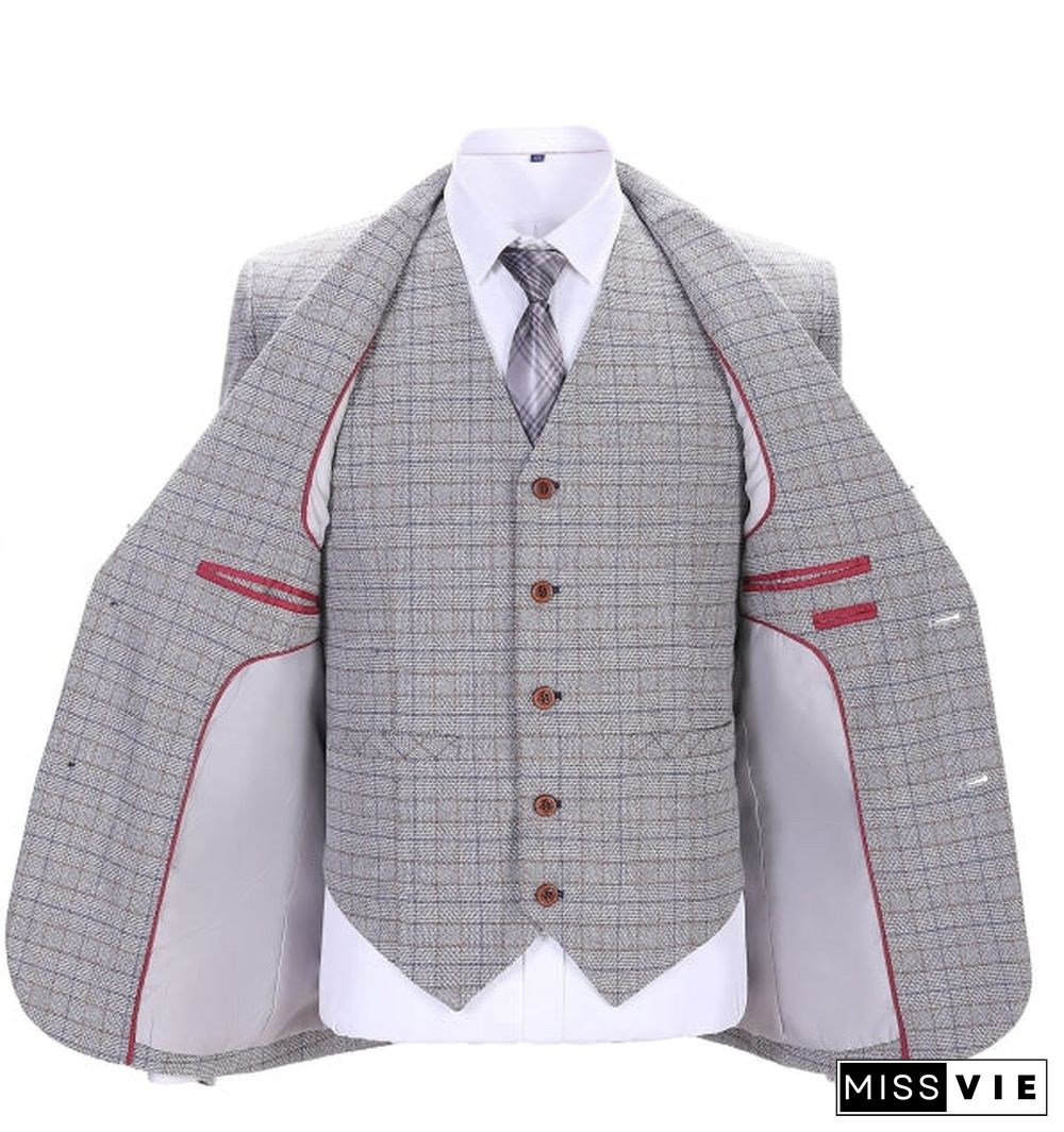 Men's Business 3 Pieces Formal White Plaid Solid Notch Lapel Suit (Blazer+vest+Pants)