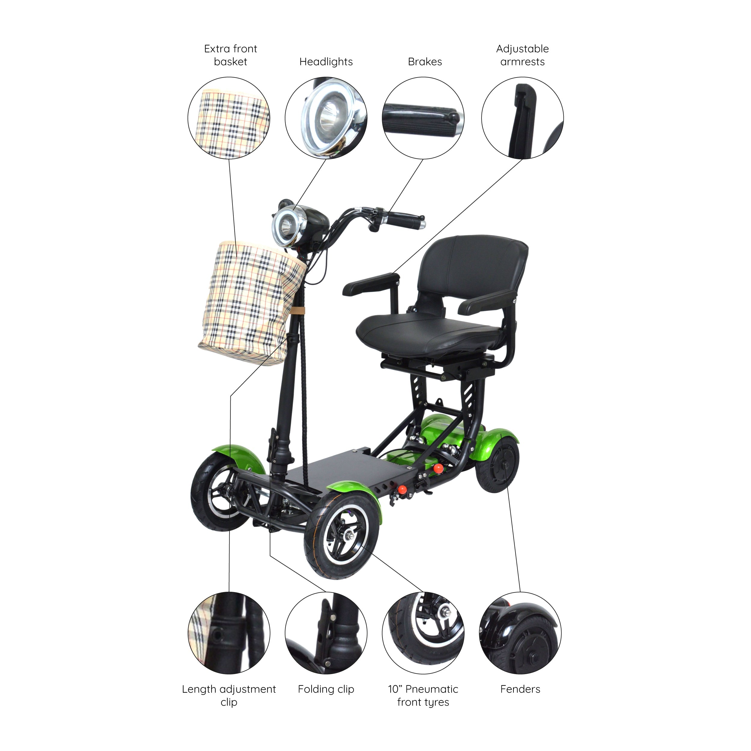 Special Design Green Portable Travel Scooter, LED Lights Extra Child Seat