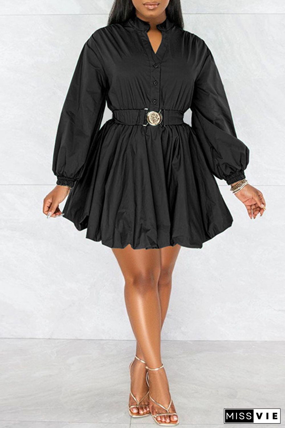 Casual Solid Patchwork Mandarin Collar Long Sleeve Dresses