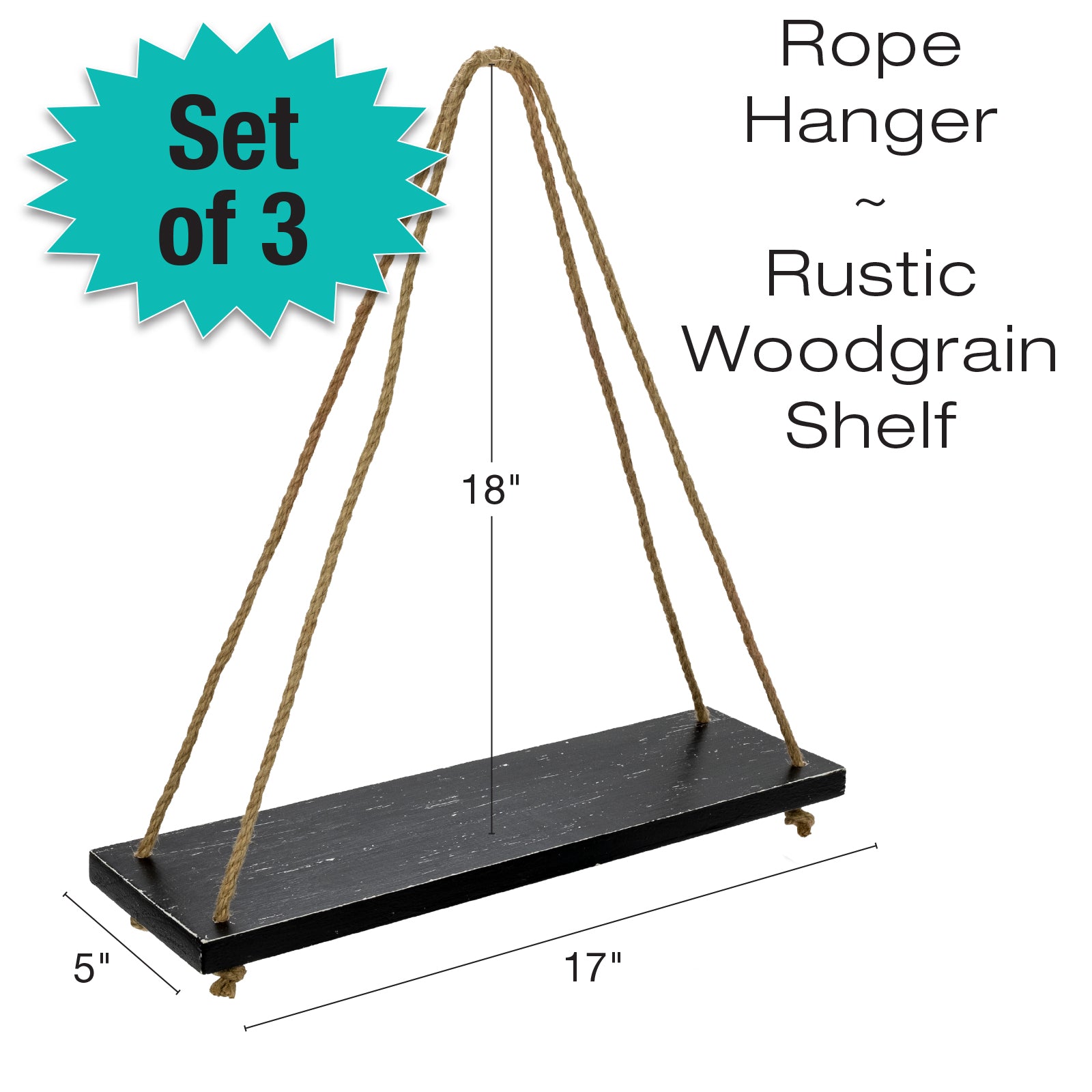 Excello Global Products Rustic Distressed Wood Hanging Shelves: 17-Inch with Swing Rope Floating Shelves (Black - Pack of 3) - EGP-HD-0176