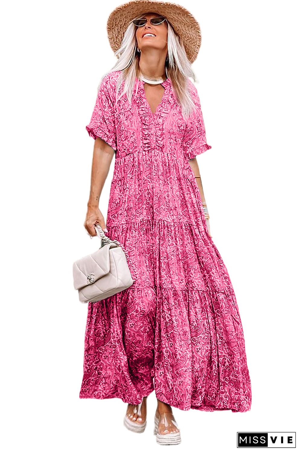 Pink Paisley Print Boho Holiday Ruffle Tiered Maxi Dress