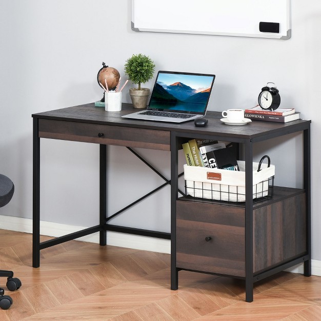 Homcom Industrial Style Home Office Desk With Filing Cabinet Storage Drawer For Letter Size Papers And Steel Frame Black walnut