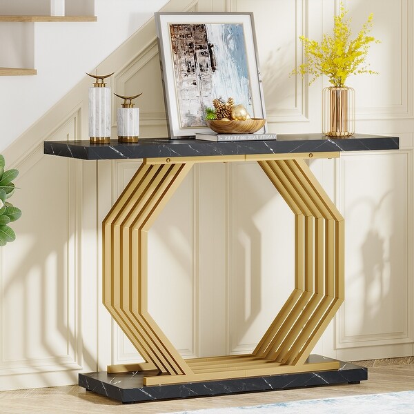 40 Inch Modern Gold Console Table， Faux Marble Entryway Table for Living Room