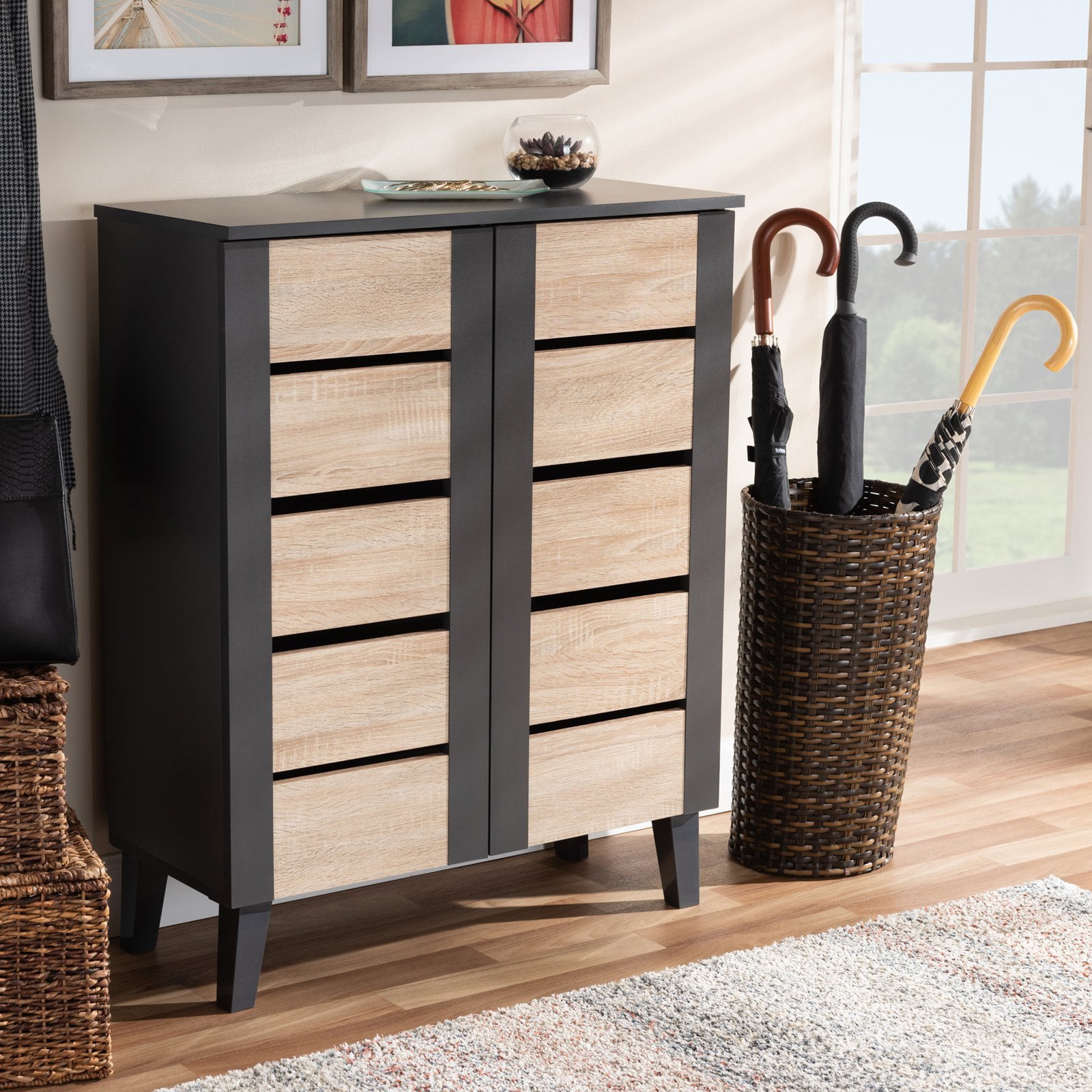 Contemporary Two-Tone Oak Brown and Dark Gray 2-Door Wood Entryway Shoe Storage Cabinet