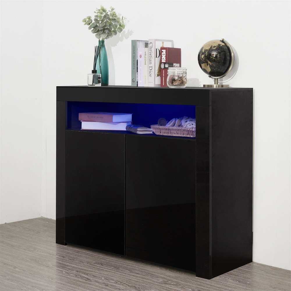 Living Room Sideboard Storage Cabinet Black High Gloss with LED Light  Cupboard Buffet Wooden TV Stand with 2 Doors