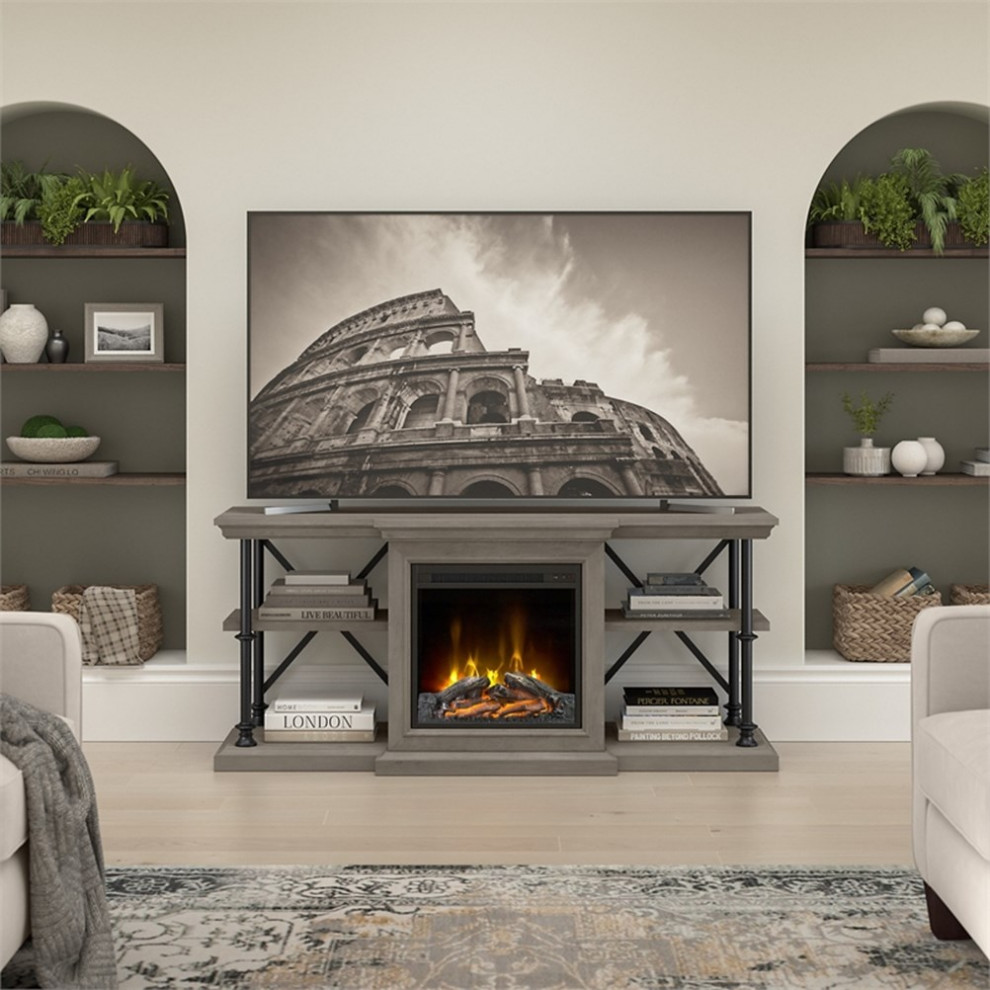 Bowery Hill 60W Electric Fireplace TV Stand in Driftwood Gray   Engineered Wood   Industrial   Entertainment Centers And Tv Stands   by Homesquare  Houzz