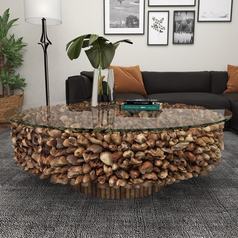 Brown Driftwood Handmade Collage and Pedestal Base Coffee Table with Tempered Glass Top   48\