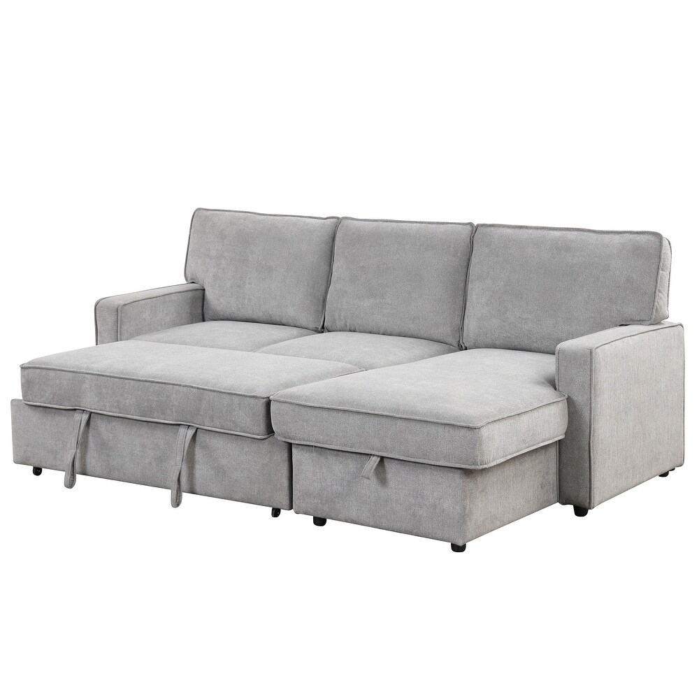 L Shape Sectional Sofa with Pull Out Bed   Storage Chaise  Convertible Sleeper Sofa Bed with USB Port   2 Cup Holders