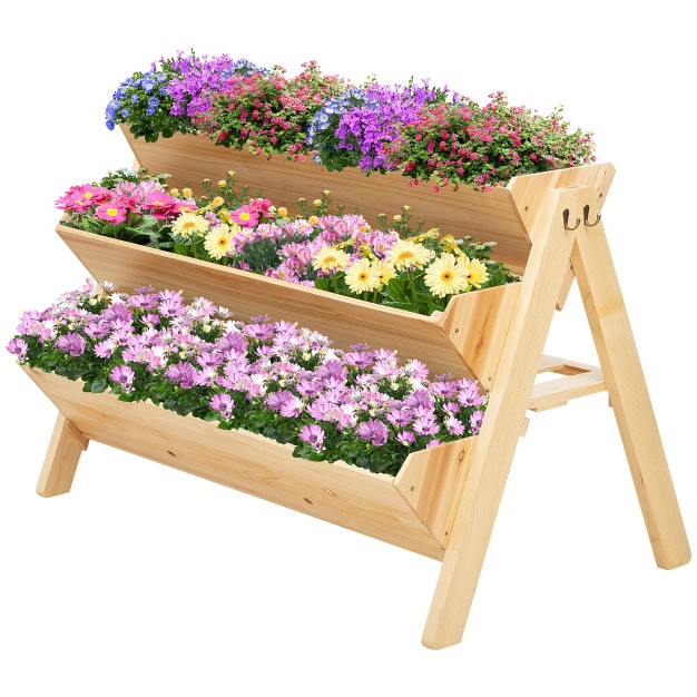 Outsunny 3-tiers Raised Garden Bed Raised Garden Boxes Wooden Plant Stand With Side Hooks， Great For Flowers Herbs Vegetables， Natural