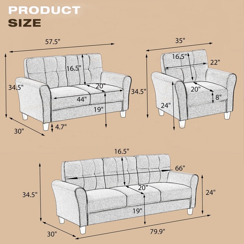 Modern Living Room Sofa Set  Linen Upholstered Couch Furniture for Home or Office  Light Grey Blue