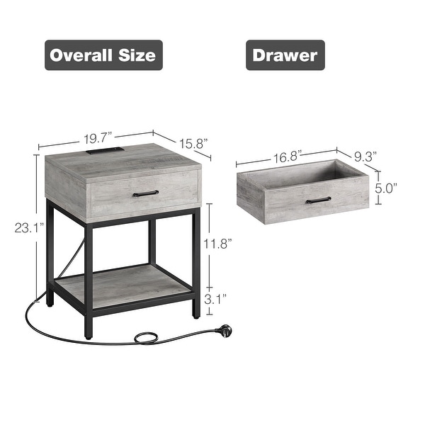 Nightstand-Bedside Table with Charging Station Type-CandUSB Ports， Modern End Table