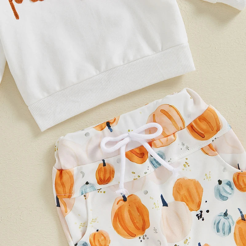 2024-05-17 Lioraitiin Toddler Boys Halloween Outfits Embroidered Letter Long Sleeve Sweatshirt Pumpkin Print Long Pants Fall Set