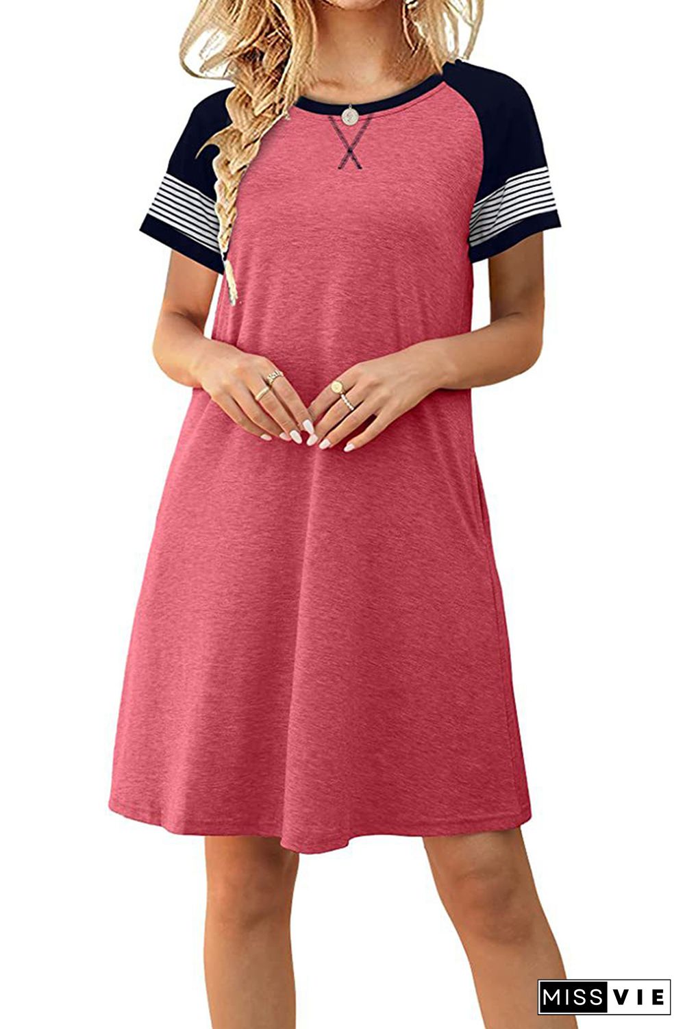 Striped Short Sleeve Splicing O-neck T-shirt Dress Wholesale