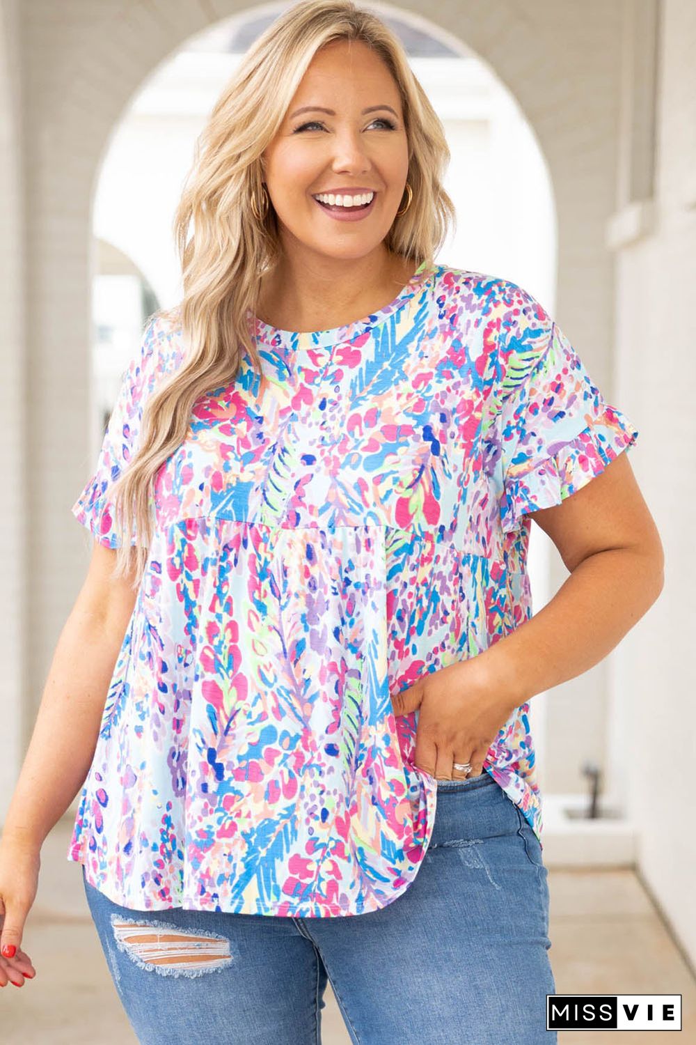 Purple Vibrant Botanical Print Frill Short Sleeve Plus Size Top