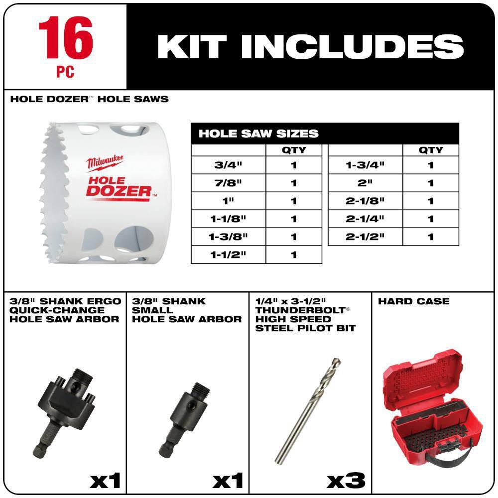 MW HOLE DOZER General Purpose Bi-Metal Hole Saw Set (16-Piece) 49-22-4030