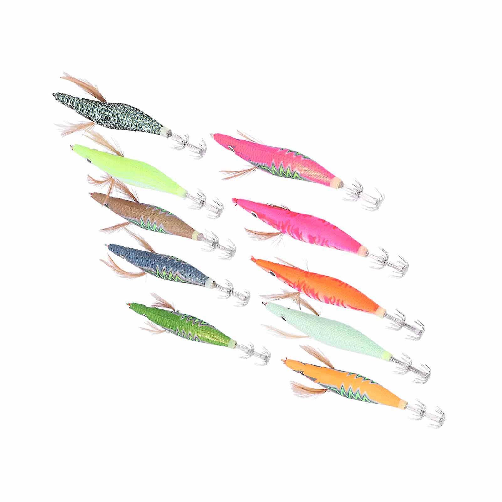 10pcs Squid Jig Hook Hard Fishing Lures Luminous Wood Fishing Shrimps Lure Bait Kit