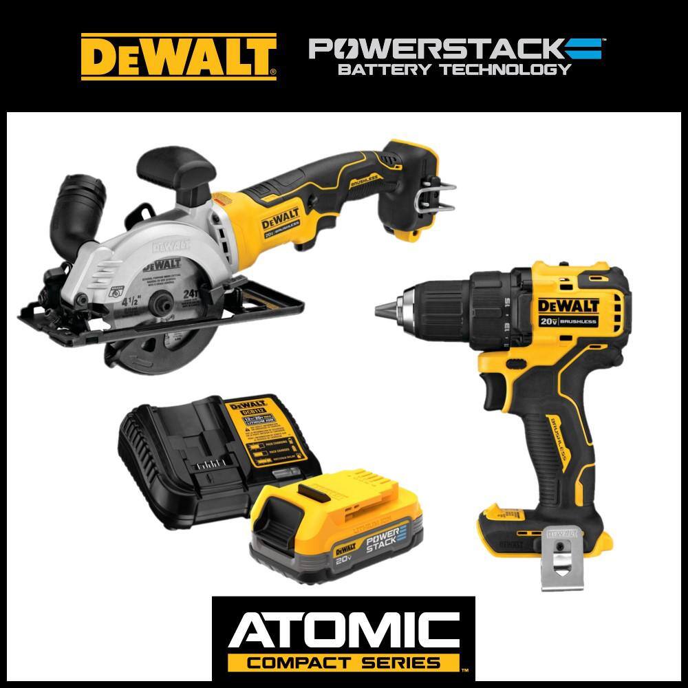 DW ATOMIC 20V Brushless Cordless Compact 12 in. DrillDriver 20V 4-12 in. Circ Saw  20V POWERSTACK Battery Starter Kit DCD708BW571034C