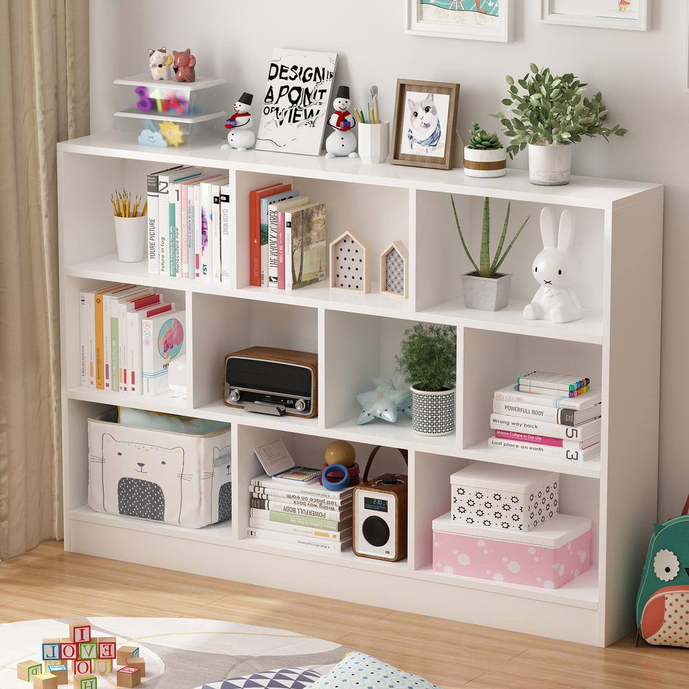 FUFUGAGA 41.3 in. H x 55.1 in. W White Wood 10-Shelf Freestanding Standard Bookcase Display Bookshelf With Cubes KF210113-04-xin