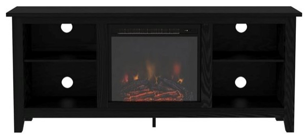 Classic Fireplace Entertainment Center  Open Shelves With Cord Management  Black   Traditional   Entertainment Centers And Tv Stands   by Declusia  Houzz