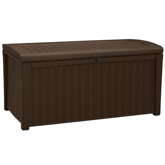 Keter Borneo 110 Gallon All Weather Weatherproof Rattan Wicker Resin Outdoor Backyard Patio Porch Deck Organization Storage Box Bench Brown 2 Pack