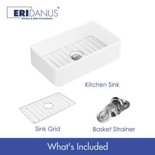 Eridanus Denbigh Crisp White Fireclay 33 in. Single Bowl Farmhouse Apron Kitchen Sink with Bottom Grid and Basket Strainer ERI-FS-105