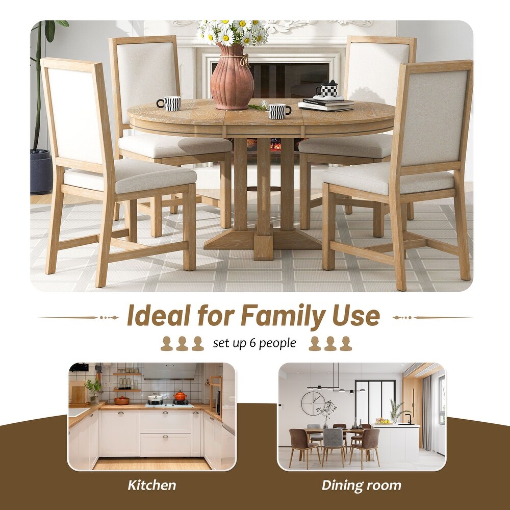 5 Piece Classic Dining Set  Extendable Round Table and 4 Upholstered Dining Chairs  Farmhouse Style Dining Table Sets