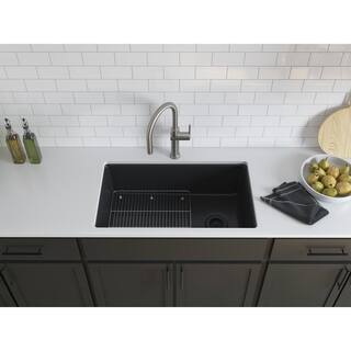 KOHLER Kennon Dual Mount Neoroc Granite Composite 33 in. 1-Hole Single Bowl Kitchen Sink in Matte Black with Basin Rack K-8437-1-CM1