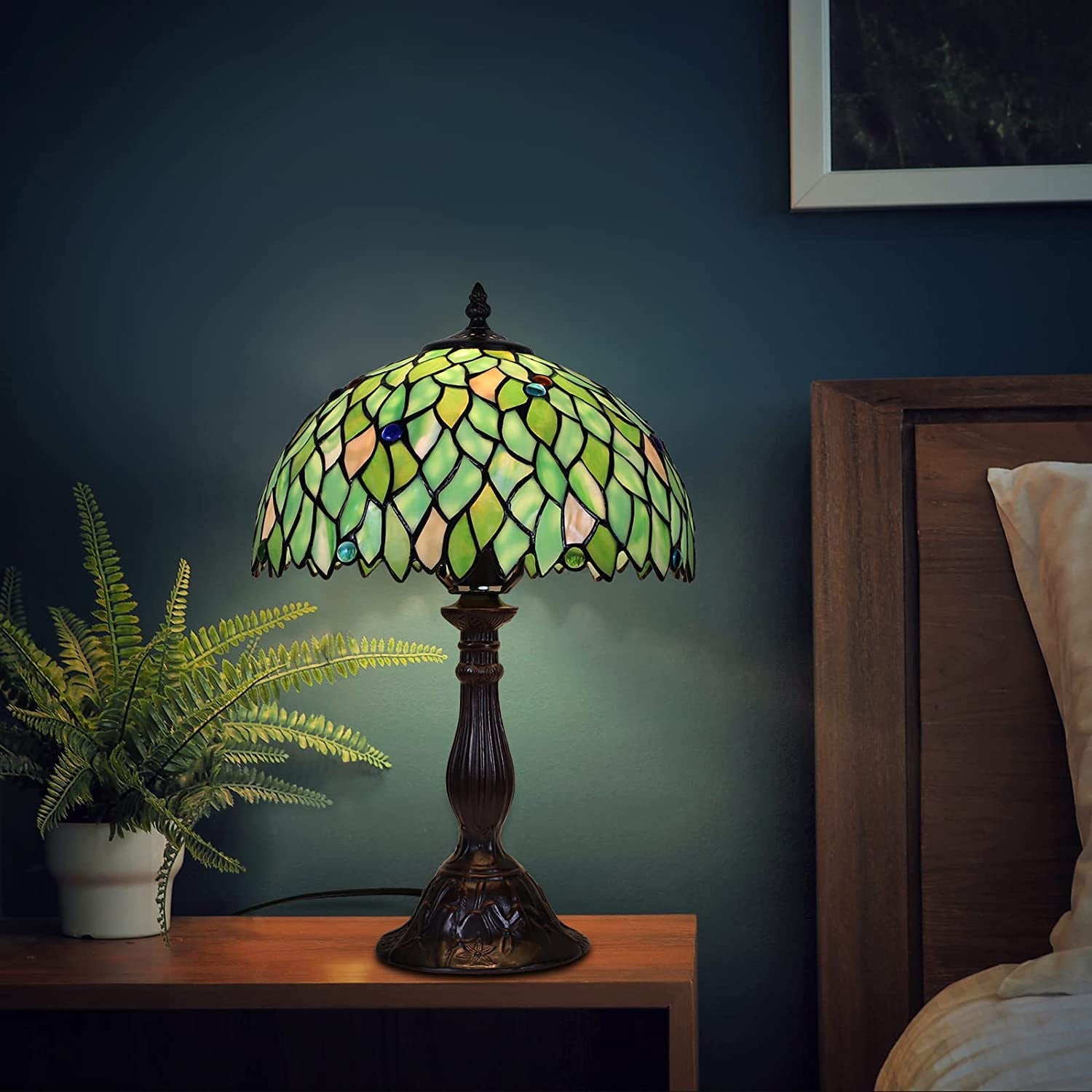 YELROL  Lamp Table Lamp Stained Glass Leaf Bedside Lamp Reading Desk Light for Bedroom Living Room Green 18\u201D Tall 1 PCS LED Bulb(2700K E26) Included Unique Gifts