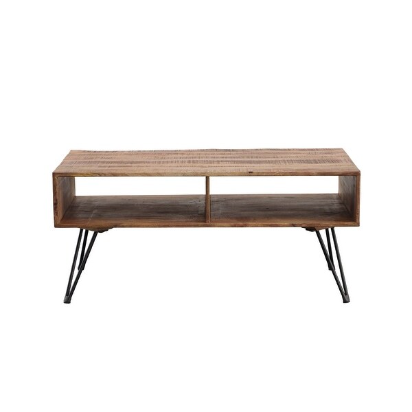 42 Inch Handcrafted Mango Wood Coffee Table with Metal Hairpin Legs