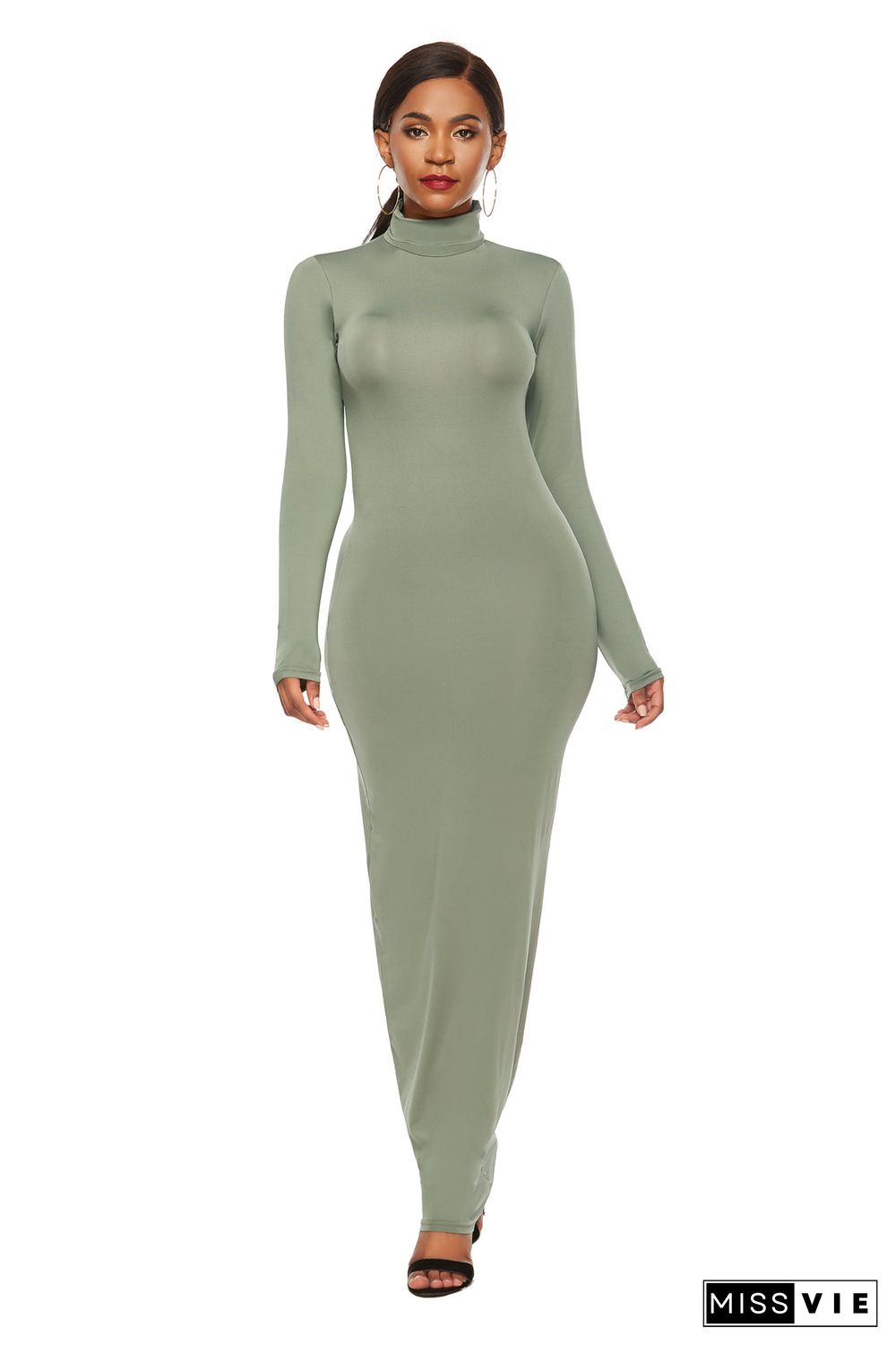 Fashion Solid Color Dress Women Long Sleeve Stretch Slim High Neck Dress Vestido Feminino