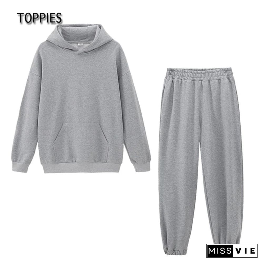 Toppies Women Hoodies And Sweatpants White Tracksuits Female Two Piece Set Solid Color Pullovers Jacket Lounge Wear Casual