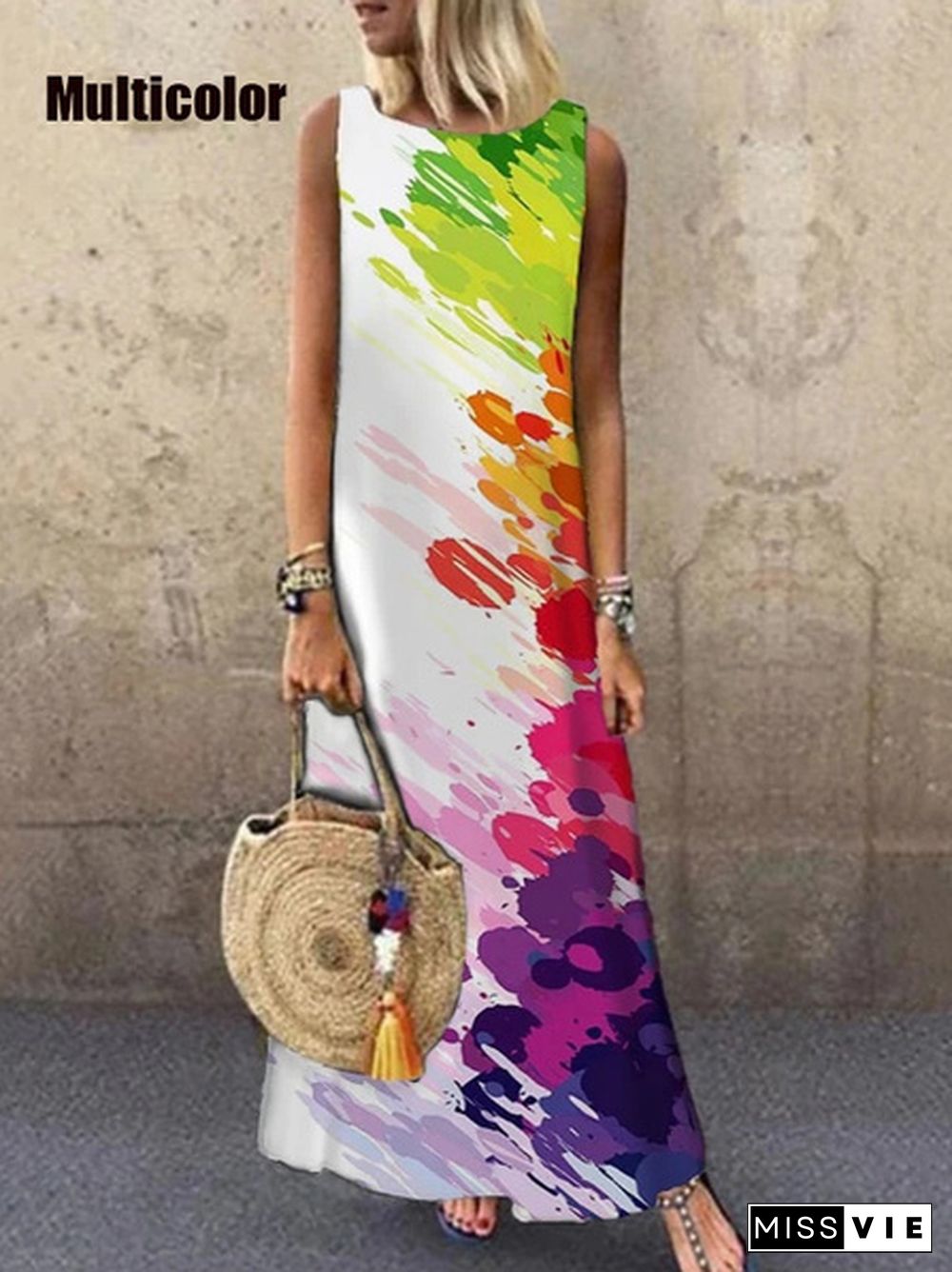 New Fashion Women's Elegant Sleeveless Flowers Print A-Line Dress Round Neck Casual Party Dresses Long Dress Plus Size