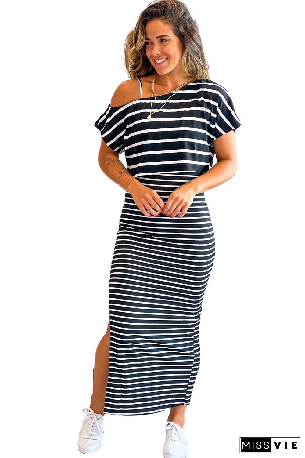 Black Stripe Asymmetric Shoulder Tee Slit Pencil Dress Set