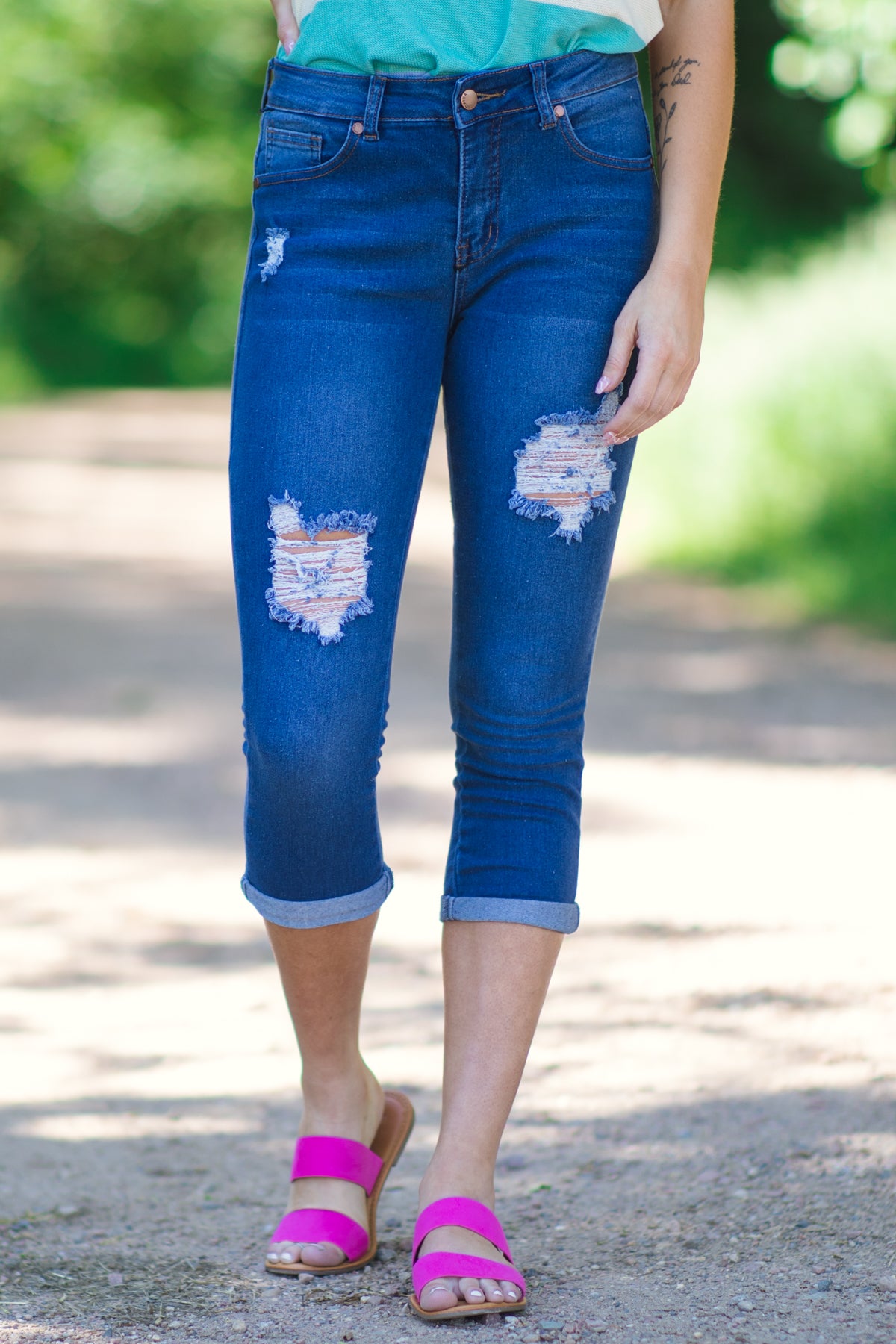Medium Wash Distressed Capris