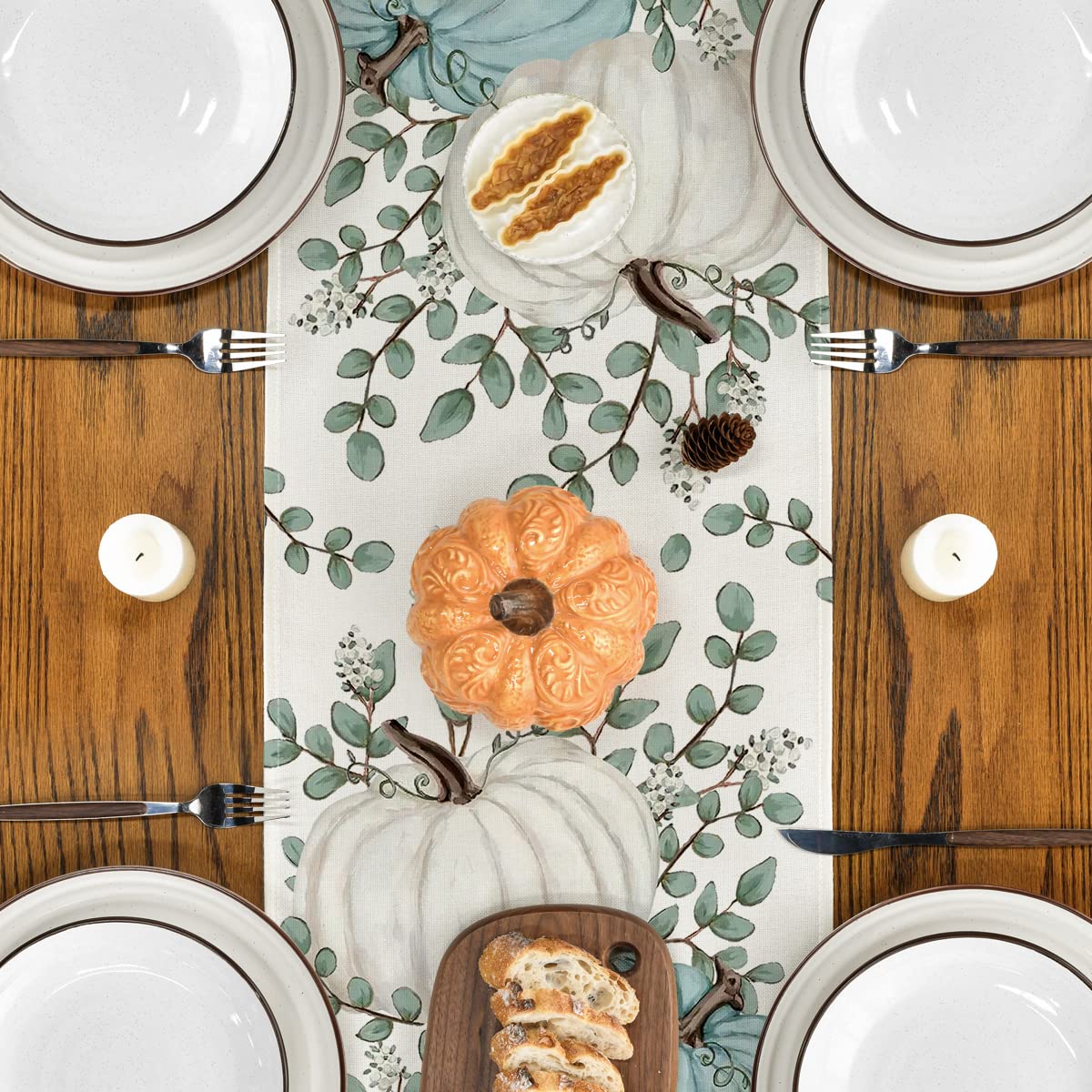 Sanmadrola Fall Table Runner Eucalyptus Leaves Pumpkins Table Runners for Thanksgiving Dining Kitchen Table Decorations Autumn Farmhouse Decor for Indoor Outdoor Party， 13 x 72 Inches