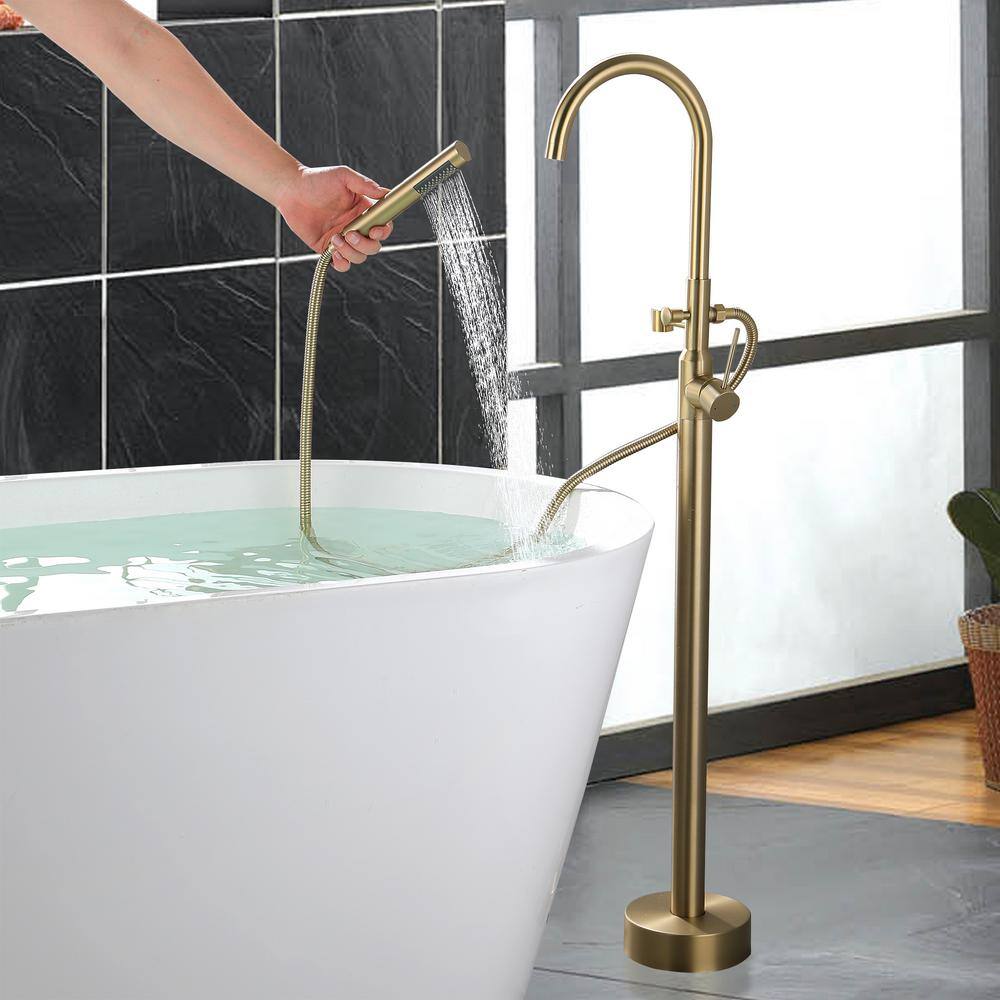 Miscool Bingo 1-Handle Freestanding Floor Mount Roman Tub Faucet Bathtub Filler with Hand Shower in Brushed Gold SHNKHD10E865GH