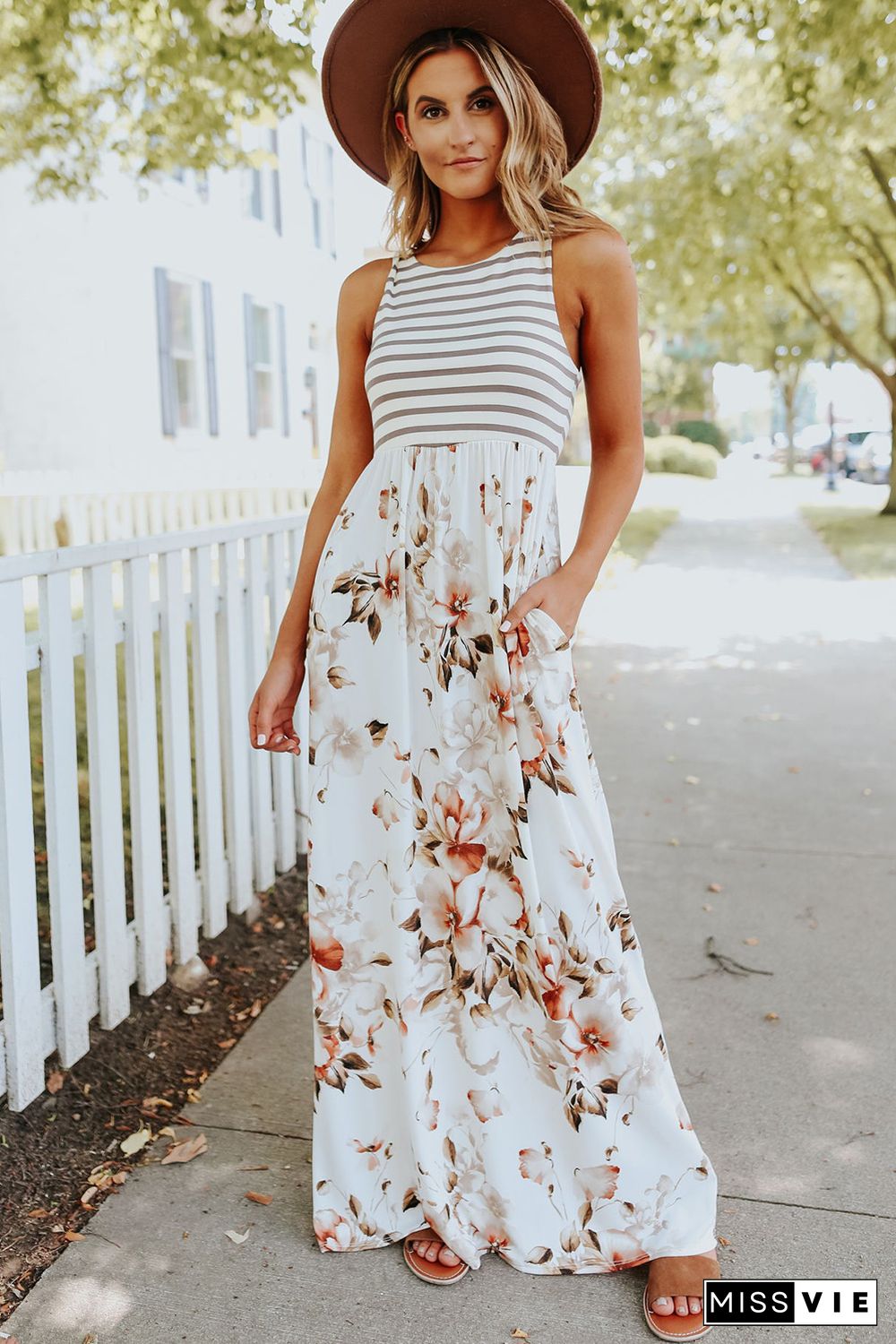 White Striped Floral Print Sleeveless Maxi Dress with Pocket