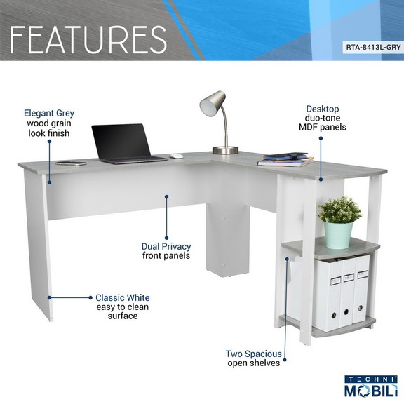 Techni Mobili Modern L Shaped Desk with Side Shelv...