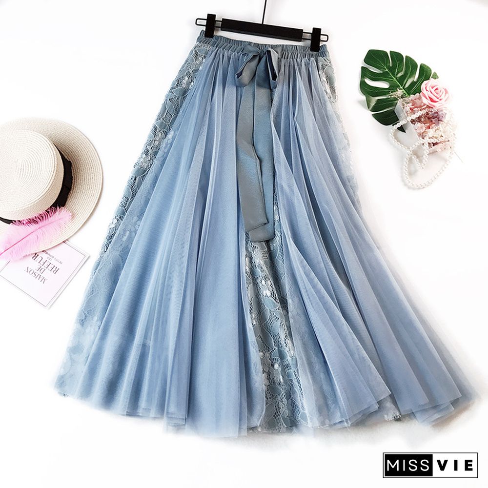 Fashion Tutu Tulle Skirt Women Long Maxi Skirt Korean Cute Bow High Waist Pleated Skirt Female School Sun Spodnica