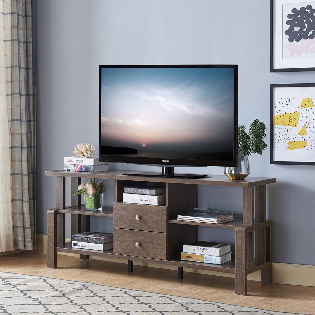 Fc Design 47 25 quot w Tv Stand With Four Shelves Two Drawers And One Wire Cut Out In Walnut Oak Finish